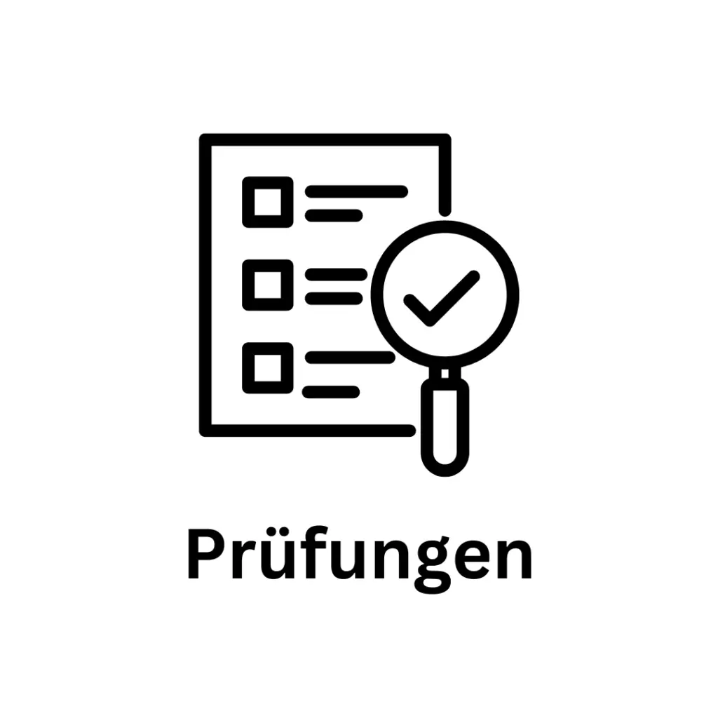 eine Checkliste mit Lupe und der Unterschrift Prüfungen