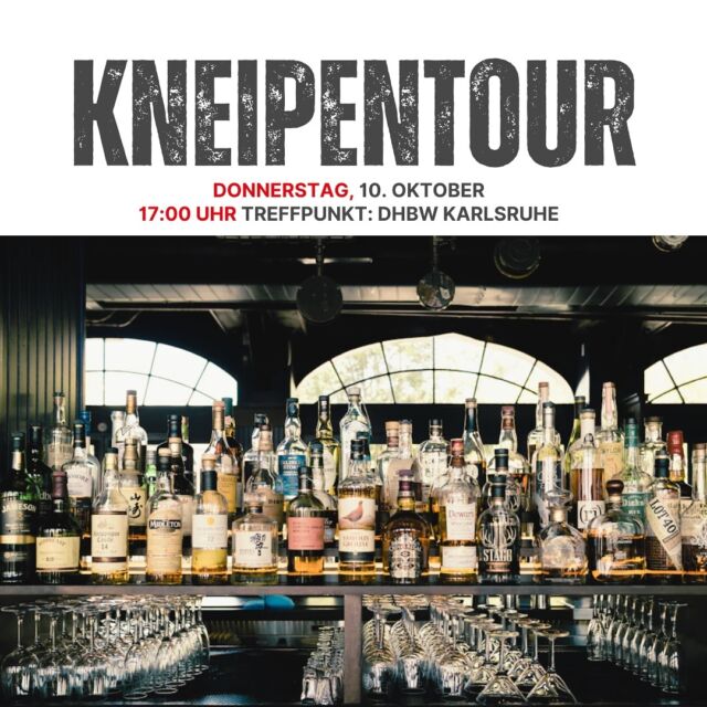 🍻 KNEIPENTOUR 🍻

Schnapp dir deine Freunde und komm mit uns auf die legendäre Kneipentour! Am Donnerstag, 10. Oktober, starten wir um 17:00 Uhr an der DHBW Karlsruhe. 🎉

Für nur 2€ Aufwandsgebühr bist du dabei! Die Bändchen gibt es am Immatrikulationstag, in den Pausen sowie bei den StuV-Sitzungen Montags ab 18 Uhr im StuV-Raum (am Haupteingang links). 💥

Freu dich auf einen tollen Abend mit leckeren Drinks, guter Stimmung und viel Spaß! 🍻🥳

Sei dabei und erlebe einen unvergesslichen Abend mit deinen Kommilitonen! 💥

#Kneipentour #stuvkarlsruhe #dhbwkarlsruhe #Studentenleben #Feierabend #Drinks #KommMit #studierendenvertretung