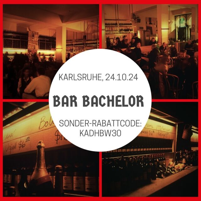 📚🍻 Bar Bachelor – 24.10.2024 🍻📚

Nach dem Erfolg unserer letzten Kneipentour legen wir noch einen drauf! 🎉 Werde Teil des Bar Bachelors und meistere die 10 (Bar-)Prüfungen! Trage deine Erfolge in dein digitales Studienheft ein und feiere bei der großen Graduiertenfeier 🥳.

So funktioniert’s:

1. Immatrikulation: Checke in der Phono Bar (Startbar) ein und erhalte deinen exklusiven Bar Bachelor Becher! 🍺

2. Prüfungen: Bestehe die Prüfungen in 10 Bars und sammle deine Punkte.

3. Urkunde: Hol dir deine wohlverdiente Urkunde in der Abschlussbar Topsy Turvy.

4. Graduiertenfeier: Feiere deinen Abschluss gemeinsam mit allen anderen Teilnehmer*innen und erinnere dich an die unvergesslichen Momente der Kneipentour! 🍻

🔑 Special Rabattcode: kadhbw30

Melde dich noch heute an und sei dabei! 🎟️ 
Link ist in der Story und unserem Linktree 🔗

Viele coole Bars in Karlsruhe, z.B. Scruffy’s, Jean Claude Cocktail Bar, Henderson’s und viele mehr!

Wir sehen uns dort! 🥂
#stuvkarlsruhe #dhbwkarlsruhe