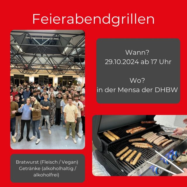 🎉 Feierabendgrillen – Gemeinsam den Tag ausklingen lassen! 🍻

Merkt euch den 29. Oktober 2024 vor und kommt ab 17:00 Uhr in die Mensa der DHBW Karlsruhe. Wir laden euch ein zu einem entspannten Abend mit leckerer Bratwurst (Fleisch und vegane Optionen) sowie einer Auswahl an alkoholischen und alkoholfreien Getränken.

Perfekt, um nach einem langen Tag abzuschalten, mit Freunden zu quatschen oder neue Leute kennenzulernen. Bringt eure Freunde mit und genießt mit uns gutes Essen und eine tolle Atmosphäre!

📅 Wann? 29. Oktober 2024, ab 17:00 Uhr
📍 Wo? Mensa, DHBW Karlsruhe

Wir freuen uns auf euch! 🎉🌭🍻

#feierabendgrillen #stuvkarlsruhe #dhbwkarlsruhe