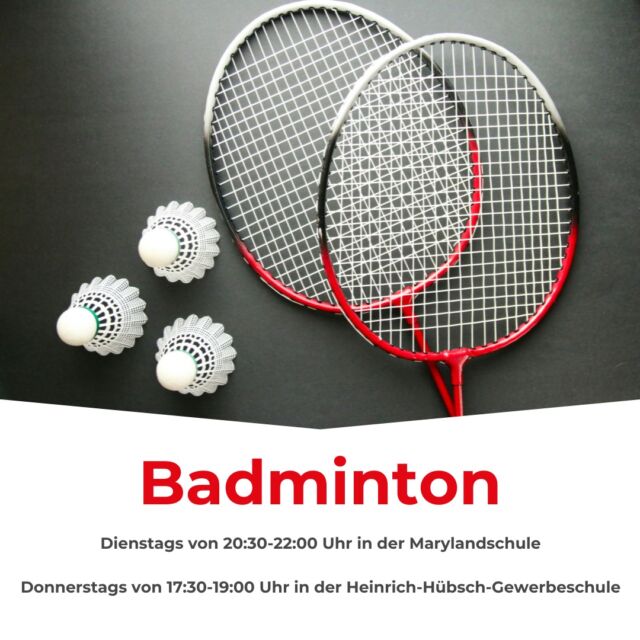 🏸 Badminton Training für alle! 🏸

Du suchst eine sportliche Auszeit und möchtest Spaß am Spiel haben? Dann komm zu unserem Badminton-Training! Egal ob Anfänger oder Fortgeschrittener, alle sind herzlich willkommen!

📅 Wann?
Dienstags: 20:30 - 22:00 Uhr in der Marylandschule
Donnerstags: 17:30 - 19:00 Uhr in der Heinrich-Hübsch-Gewerbeschule

👟 Bringt eure Sportschuhe und Motivation mit! Wir freuen uns auf euch! 😊

 #stuvkarlsruhe #dhbwkarlsruhe #badmintontraining  #teamspirit