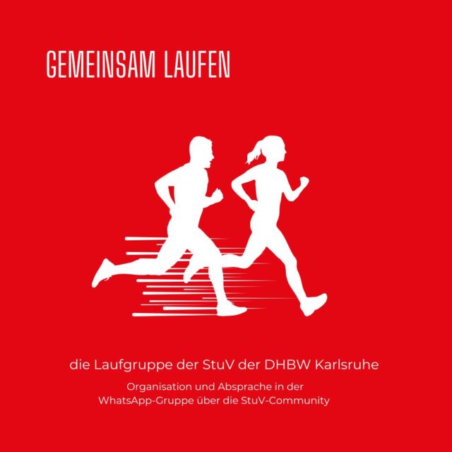 🌟 Gemeinsam Laufen mit der StuV der DHBW Karlsruhe! 🌟

Du liebst das Laufen und möchtest Teil einer motivierten Gruppe werden? Dann schließe dich unserer Laufgruppe an! 🏃‍♀️🏃‍♂️ Wir organisieren uns über die StuV-Community und koordinieren Treffen und Läufe in unserer WhatsApp-Gruppe. Egal ob Anfänger oder Fortgeschrittener – gemeinsam laufen macht einfach mehr Spaß! 🎉

Wie kannst du mitmachen?
👉 Trete unserer WhatsApp-Gruppe über die StuV-Community bei! Gemeinsam planen wir unsere nächsten Läufe und genießen die Bewegung an der frischen Luft. 🌿💪

#stuvkarlsruhe  #dhbwkarlsruhe  #laufen  #runningcommunity #dhbwläuft