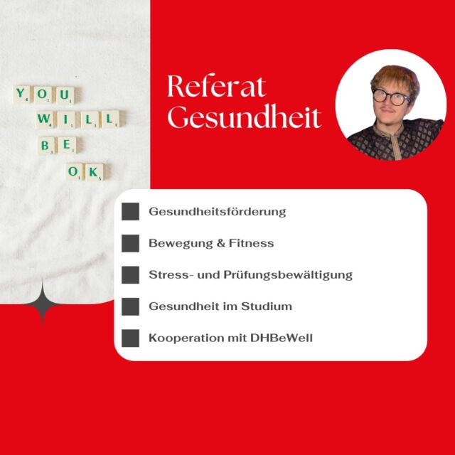 📢 Neu in der StuV: Das Referat Gesundheit! 🌱

Unser neues Referat Gesundheit setzt sich für ein gesundes und ausgewogenes Studium ein! 🎓💪

Wir bieten euch:
- Gesundheitsförderung 🌿
- Mentale Gesundheit 💬
- Bewegung & Fitness 🏋️‍♂️
- Stress- und Prüfungsbewältigung 😌
- Gesundheit im Studium 📚
- Netzwerken und Zusammenarbeit 🤝
- Kooperation mit DHBeWell 🩺

Das Ziel? Euch zu unterstützen, ein gesundes und erfolgreiches Studium zu meistern! 💥

Habt ihr Fragen oder Ideen für unser Programm? Schreibt uns oder kommt einfach vorbei! 🙌

#gesundstudieren  #stuvkarlsruhe  #dhbwkarlsruhe  #mentalhealth  #staybalance