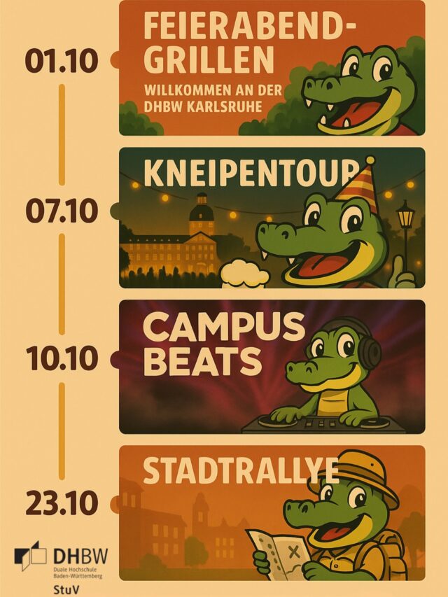 Save the Dates: O-Phase 2025 🎉

Der Oktober steht vor der Tür und damit auch unsere O-Phase! ✨ Freut euch auf neue Kontakte, gemeinsames Netzwerken und jede Menge Spaß! ❤️

👉 Hier die Highlights für euch:

🔥 1. Oktober | ab 16 Uhr
Feierabend-Grillen mit anschließender Party
📍 Mensa der DHBW Karlsruhe

🍻 7. Oktober | 17 Uhr
Kneipentour
📍 Treffpunkt: DHBW Karlsruhe

🎶 10. Oktober | ab 19 Uhr
CampusBeats mit DJ
📍 Mensa der DHBW Karlsruhe

🗺️ 23. Oktober | ab 17 Uhr
Schnitzeljagd & Stadtführung
📍 Treffpunkt: wird noch bekanntgegeben

💡 Nutzt die Chance, um neue Leute kennenzulernen, euch zu vernetzen und das DHBW-Feeling richtig zu erleben!

Wir freuen uns riesig auf euch! 🫶
