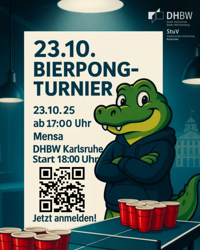 🍻 Bierpongturnier statt Stadtrallye! 🍻

Kleine Planänderung: Die geplante Stadtrallye wird durch ein Bierpongturnier ersetzt – und das wird mindestens genauso legendär! 😎

🗓️ 23.10.
📍 Mensa DHBW Karlsruhe
🕔 Einlass ab 17 Uhr
🏓 Turnierstart um 18 Uhr

Meldet euch jetzt über den Link an und sichert euch euren Platz:

https://asta.bio/ka-2310bierpong

Also: Teampartner schnappen, Wurfarm aufwärmen und dabei sein! 🍺🔥