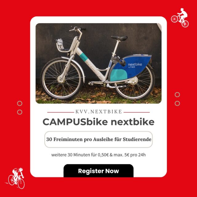 Wir sind sehr stolz dir dieses Angebot anbieten zu können: eine Kooperation zwischen nextbike und der StuV Karlsruhe bis September 2026! 🚲 🥳
Was heißt das genau für DICH?
- Du kannst dich mit deiner DHBW E-Mail-Adresse (xxx@student.dhbw-karlsruhe.de, zum Beispiel mustermann.max.a24@student.dhbw-karlsruhe.de) kostenlos per App oder unter www.kvv-nextbike.de registrieren, Aktivierung per E-Mail bestätigen und sofort losradeln.
- Wenn du bereits einen Account hast, dann gebe in deinem Account die Hochschul-Email-Adresse an & danach erhälst du den Aktivierungslink zum CAMPUSbike
- Nach der Fahrt das Rad an einer KVV.nextbike-Station oder innerhalb der Flexzone zurückgeben. Check dafür die Karte in der App 🗺️

—> 30 Freiminuten pro Fahrt inklusive, weitere 30 Minuten für 0,50€ & maximal 5€ pro 24h
—> 2 Fahrräder gleichzeitig kostenlos ausleihen
—> Bis zu vier Räder gleichzeitig mieten. Die Vergünstigung gilt jedoch nur parallel für 2 ausgeliehene Räder.

PS: Bitte fahr vorsichtig, wir wollen noch die nächsten legendären Partys und gemeinsamen Momente mit Dir erleben 🍀

#stuvkarlsruhe #dhbwkarlsruhe #karlsruhe #nextbike #fahrrad #kostenlos