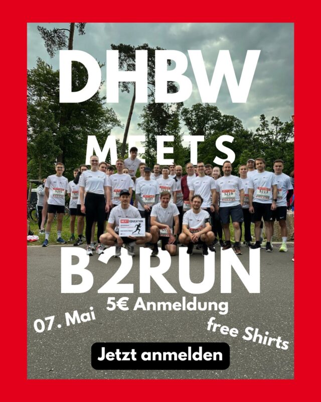 B2Run Karlsruhe 2026 – Team DHBW 🏃‍♂️

Repräsentatiere die DHBW Karlsruhe und habe maximalen Spaß dabei! Teamgeist vor Bestzeit.

Harte Fakten:
📍 Ort: Karlsruhe (City/Schloss)
📅 Datum: 07. Mai 2026
💰 Kosten: 5 € Teilnahmegebühr
👕 Bonus: Exklusives DHBW-Laufshirt (gesponsert)

⚠️ Kapazität:
Begrenzt auf 25 Plätze. Vergabe nach dem Prinzip „First come, first served“.

Anmeldung:
🔗 https://forms.gle/vWMSB4Tm7wauzt7c8
Alternativ: Link im Linktree (Bio).

#DHBWKarlsruhe #B2Run #Karlsruhe #Stuv #Laufsport #DualesStudium
