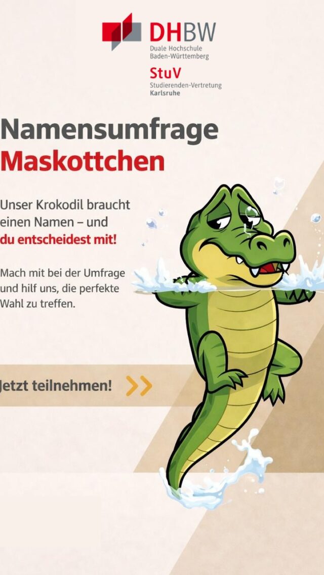 Geschichte, wie das Krokodil an die DHBW kam:

Anfang der 2000er wurde neben der DHBW Karlsruhe im Bereich des alten Flugplatzes gebaut.
Bei den Arbeiten stieß man auf alte Schächte und Leitungen.

Dort lebte völlig unerwartet ein kleines Krokodil.
Wie es dorthin gekommen ist, wusste niemand.

Durch den Lärm der Baustelle wurde das Tier gestört
und verlief sich schließlich in den Keller der DHBW.

Was danach geschah, weiß bis heute niemand genau.

Jahre später kam die Geschichte wieder ans Licht.
Und irgendwann entstand die Idee, das Krokodil als Maskottchen der StuV zu übernehmen.

Seitdem gehört es irgendwie dazu.

Und plötzlich stand die Frage im Raum:

Wie nennen wir es eigentlich? 🐊

Jetzt abstimmen in den Kommentaren und helfen, einen Namen zu finden 👇

#name #krokodil #maskottchen #einerfüralle #dhbwkarlsruhe