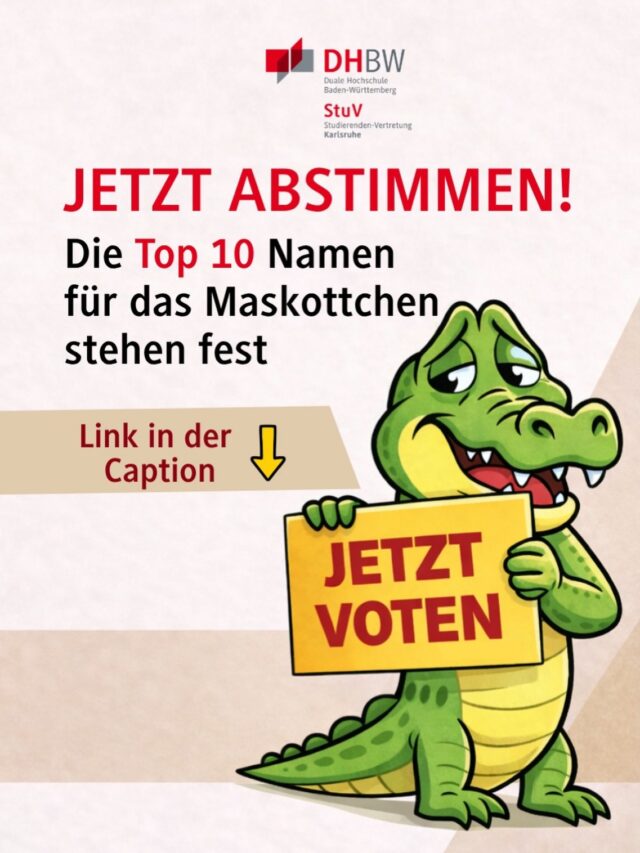 🐊 **Die Top 10 stehen fest!**

Unser Maskottchen-Krokodil braucht endlich einen Namen – und **jetzt bist DU dran!**

Wir haben eure Vorschläge gesammelt und die **Top 10 Namen** ausgewählt.
👉 Jetzt geht’s in die finale Abstimmung!

🗳️ Stimme ab und hilf uns, den perfekten Namen zu finden.

🔗 Zur Abstimmung: asta.bio/ka-kroko-umfrage

#DHBWKarlsruhe #StuV #Maskottchen #Namenssuche #Abstimmung